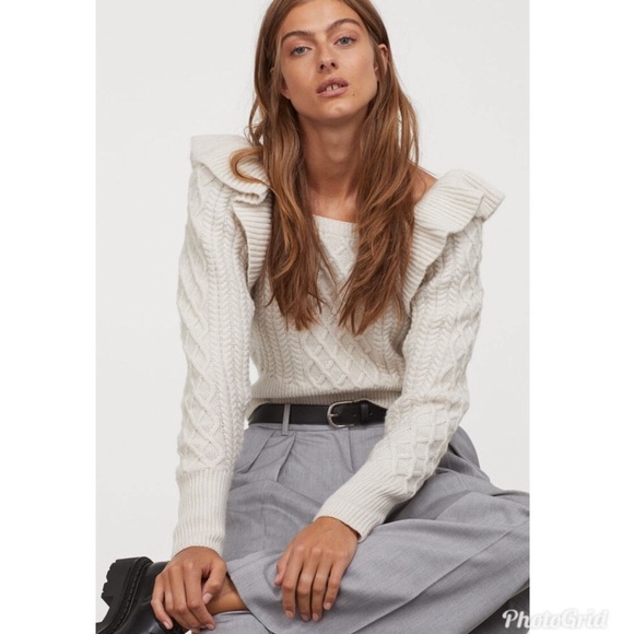 H&M Flounced Cable-Knit Sweater in Light Taupe - Picture 3 of 10